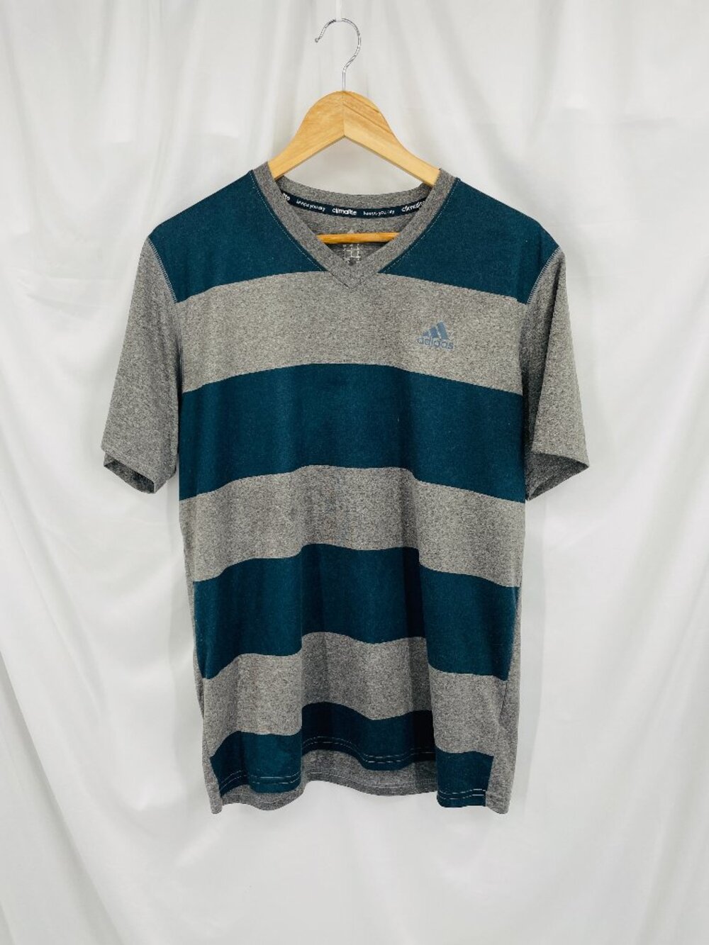 Vintage Adidas Men's Striped V-Neck Athletic T-Shirt